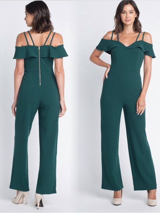 Haute Monde Pants - Off-Shoulder Strappy Jumpsuit in Deep Green